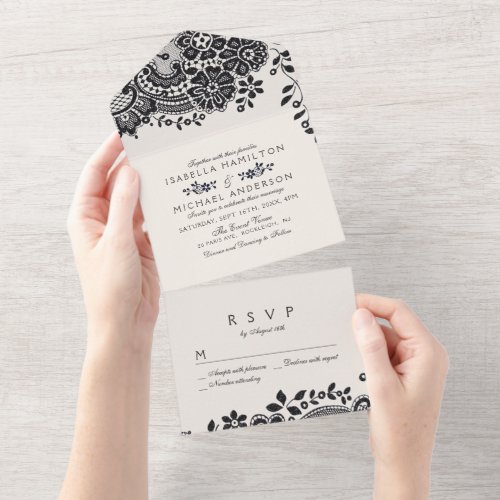 Black and white elegant vintage lace wedding all in one invitation