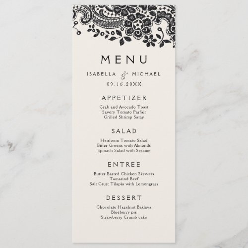 Black and white elegant vintage lace wedding menu