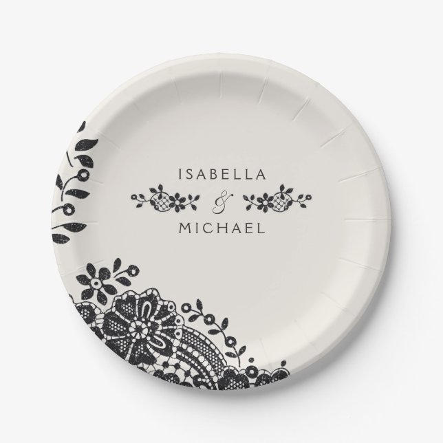 Black and white elegant vintage lace wedding paper plates (Front)