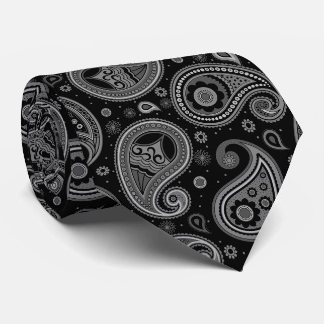 Black and white elegant vintage paisley pattern tie (Rolled)