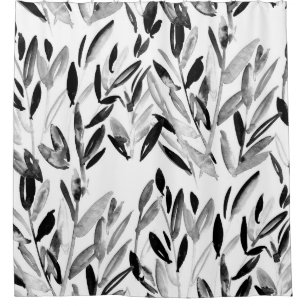 Black and white elegant watercolor natural leaves shower curtain