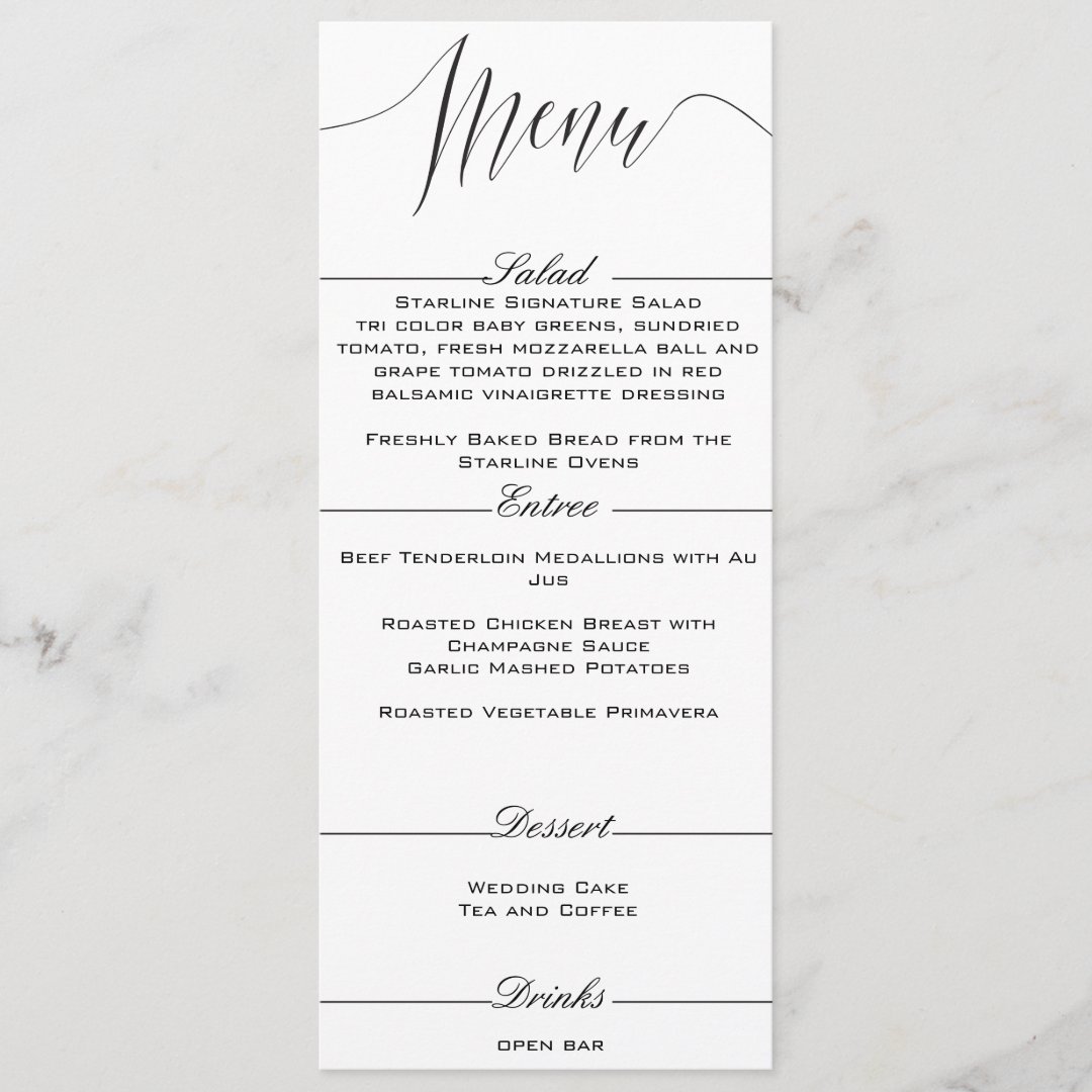 Black and White Elegant Wedding Menu | Zazzle