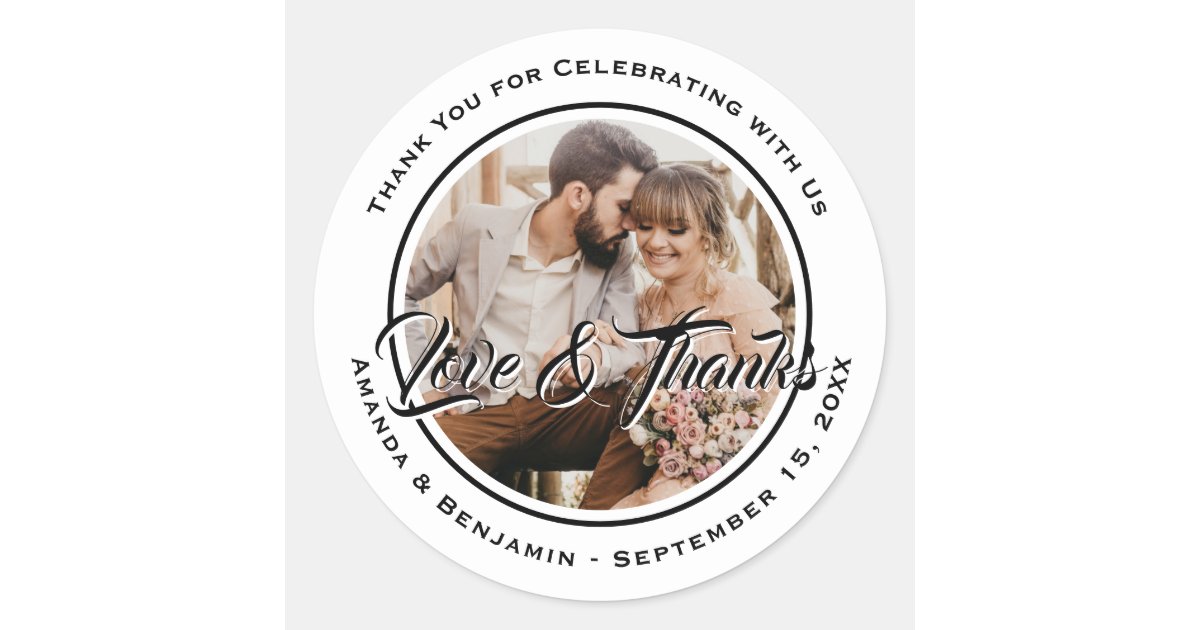 Black and White Elegant Wedding Photo Favor Classic Round Sticker | Zazzle