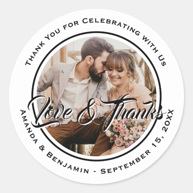 Black and White Elegant Wedding Photo Favor Classic Round Sticker (Front)