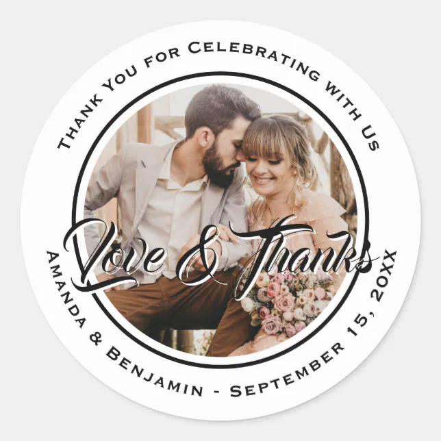 Black and White Elegant Wedding Photo Favor Classic Round Sticker | Zazzle