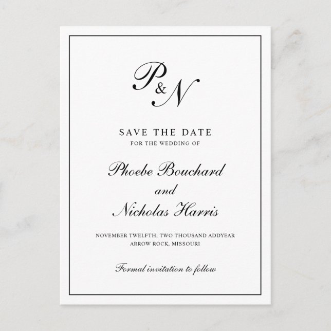 Black and White Elegant Wedding Save the Date Announcement Postcard (Front)