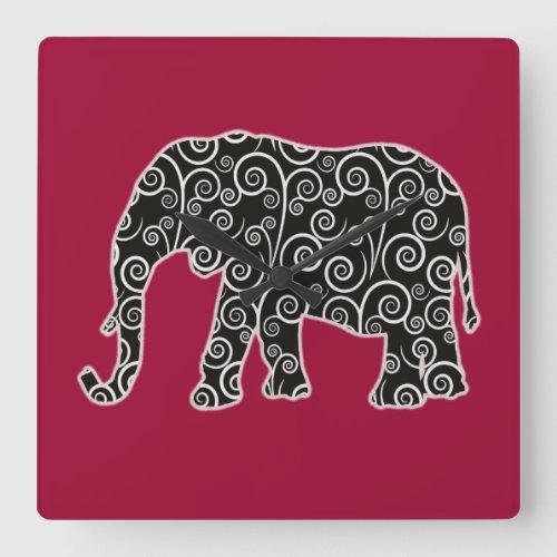 Black and White Elephant on Red Square Wall Clock