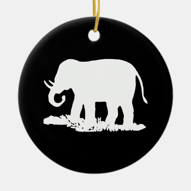 Black and White Elephant Silhouette Ceramic Ornament (Front)