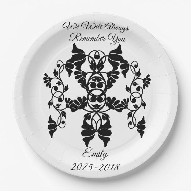 Black and White Embellishing Flowers for Funeral Paper Plates (Front)