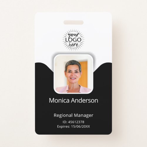 Black and White Employee Photo ID Name QR Bar Code Badge