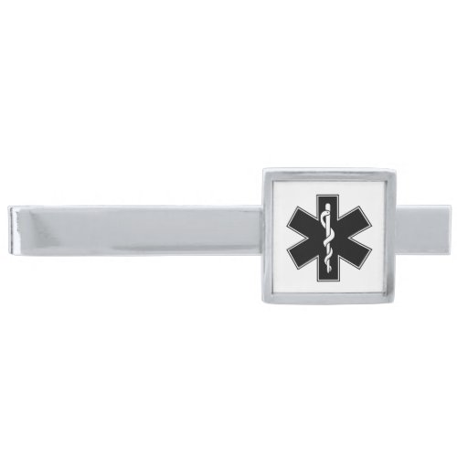Black and White EMT Star of Life Symbol Silver Finish Tie Bar