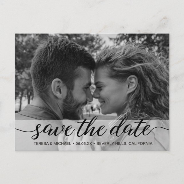 Black and White Enagement Photo Save the Date Postcard (Front)