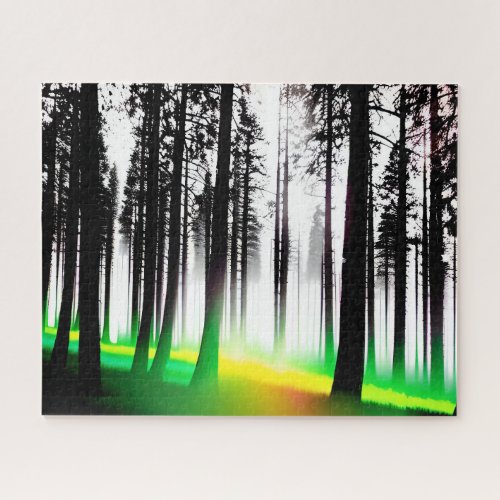 Black and White Enchanted Foggy Forest and Green Jigsaw Puzzle