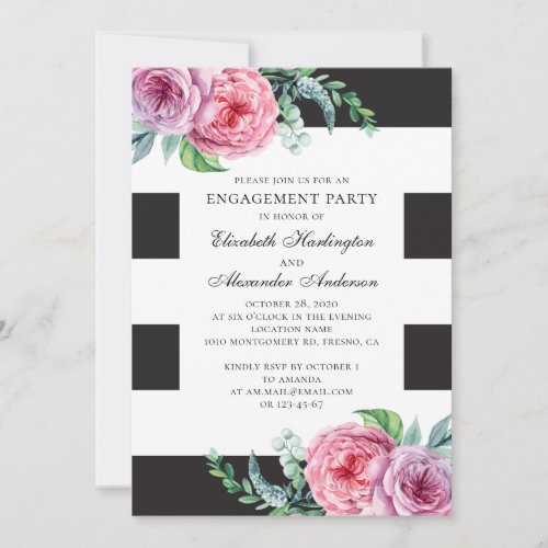 Black and white engagement party Pink boho floral Invitation