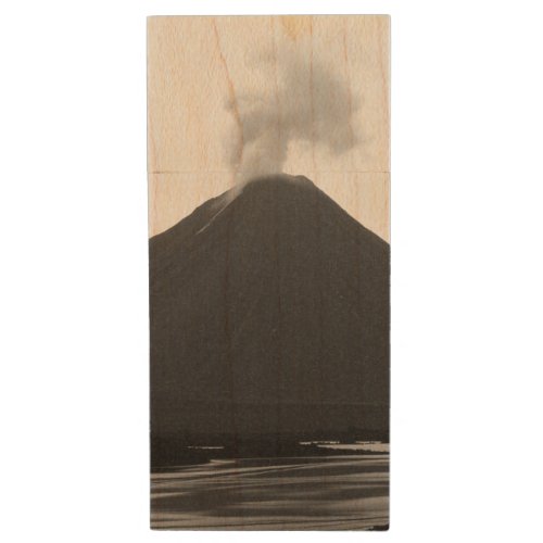 Black and White Erupting Volcano Wood Flash Drive