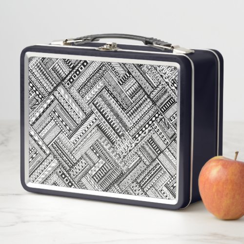 Black and White Ethinic Mix Pattern Metal Lunch Box