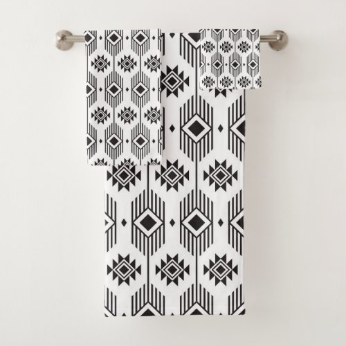Black and white ethnic ikat geometric pattern bath towel set