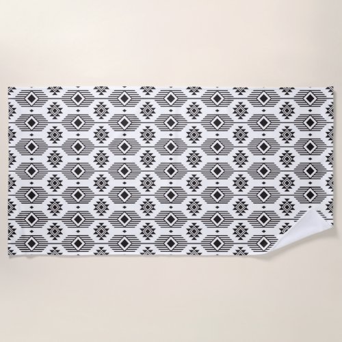 Black and white ethnic ikat geometric pattern beach towel