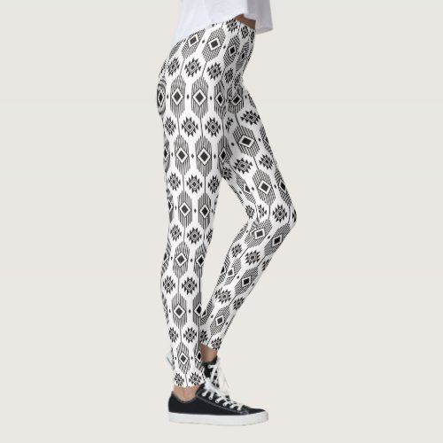 Black and white ethnic ikat geometric pattern leggings