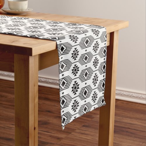 Black and white ethnic ikat geometric pattern long table runner