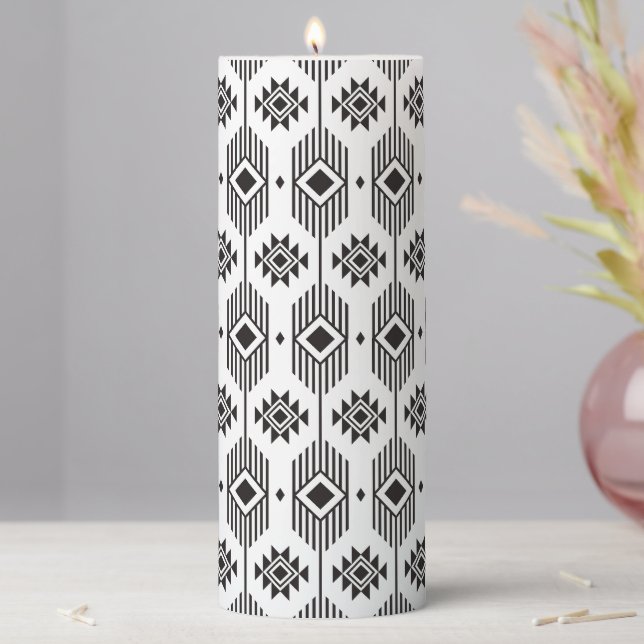 Black and white ethnic ikat geometric pattern pillar candle (In Situ)