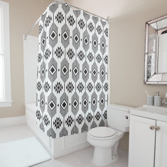 Black and white ethnic ikat geometric pattern shower curtain (In Situ)