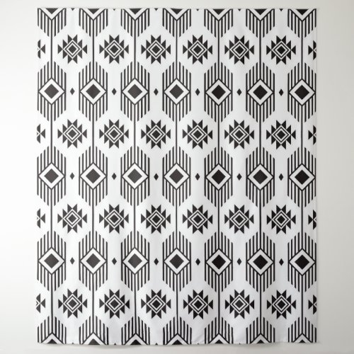Black and white ethnic ikat geometric pattern tapestry