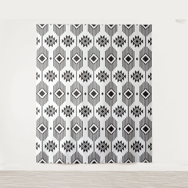 Black and white ethnic ikat geometric pattern tapestry (Front)