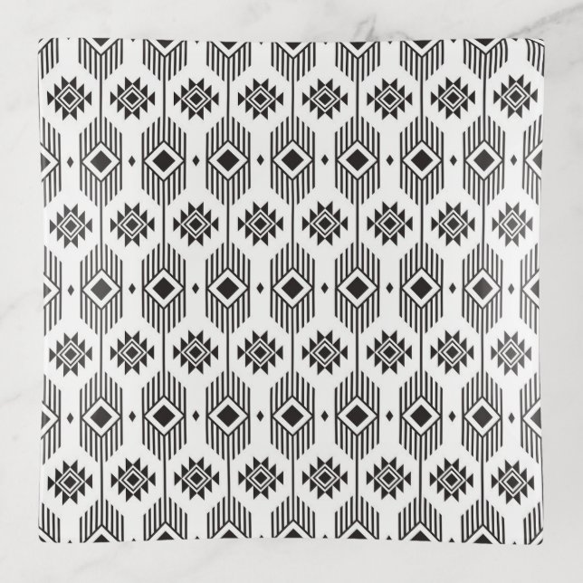 Black and white ethnic ikat geometric pattern trinket tray (Front)