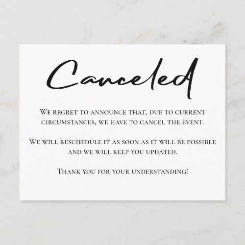 Black and white event canceled announcement postcard