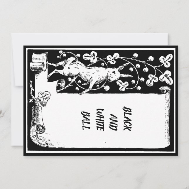 Black and white event rabbit with scroll paper pla invitation (Front)