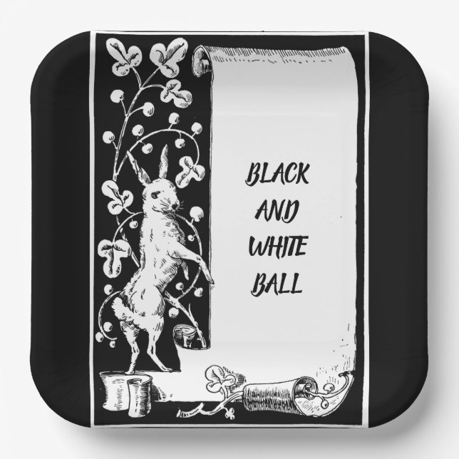 Black and white event rabbit with scroll paper plates (Front)