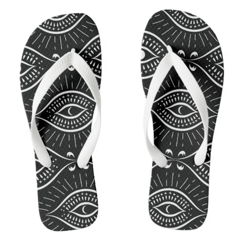 Black and white evil eye pattern flip flops