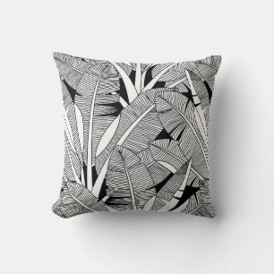 Black and white exotic plant and palm tree botanic throw pillow