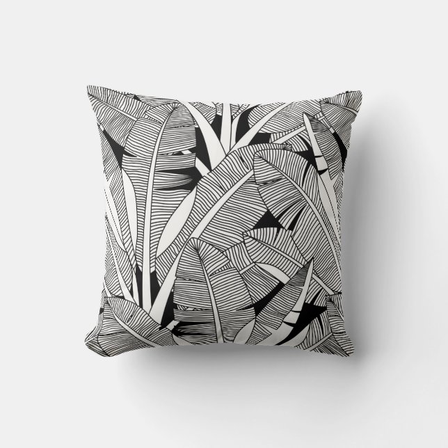 Black and white exotic plant and palm tree botanic throw pillow (Front)