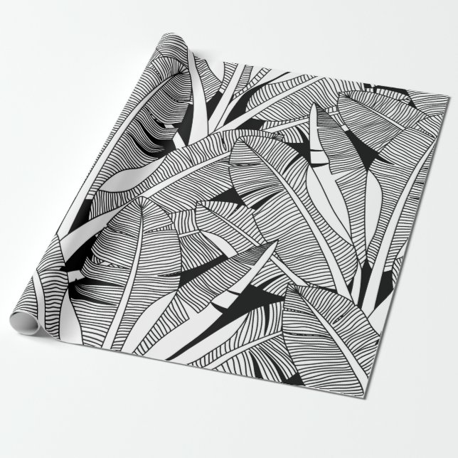 Black and white exotic plant and palm tree botanic wrapping paper (Unrolled)