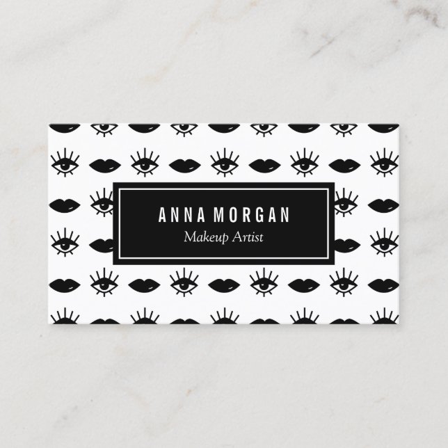 Black and White Eyes & Lips Makeup Artist Business Card (Front)