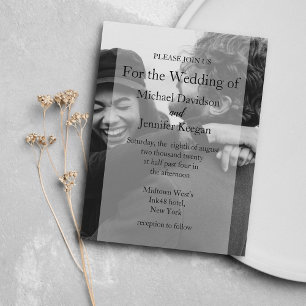 black and white faded photo wedding invitation postcard