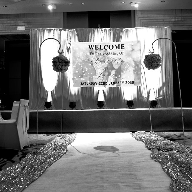 Black And White Faded Photo Wedding Welcome Banner (In Situ)
