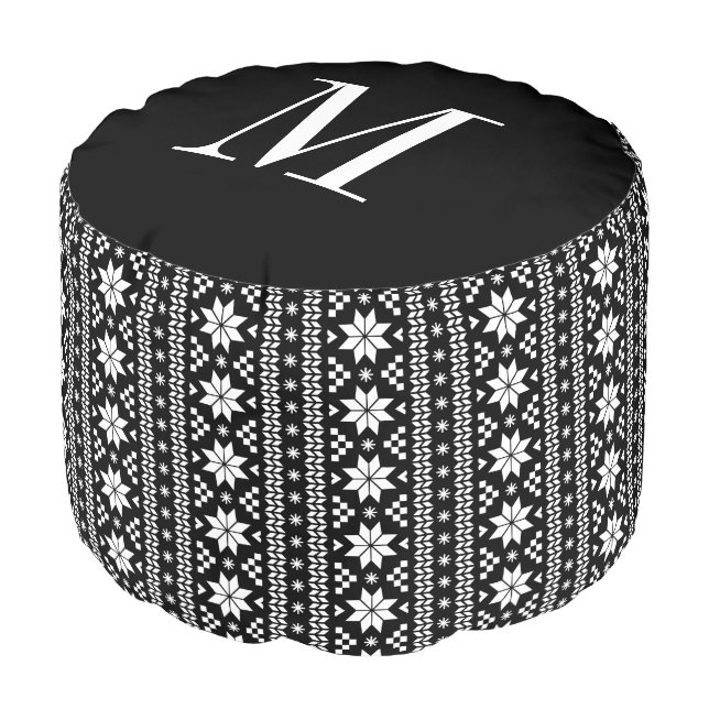 Black and White Fair Isle Custom Monogram Pouf (Angled Front)