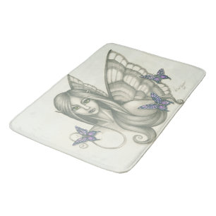 Black and White Fairy Face and Purple Butterflies Bathroom Mat