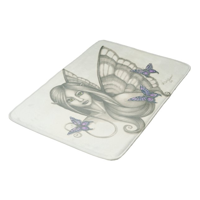 Black and White Fairy Face and Purple Butterflies Bathroom Mat (Angled)