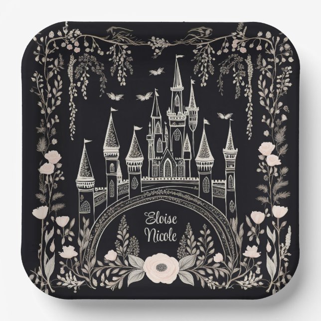Black and White Fairytale Castle Illustration Paper Plates (Front)