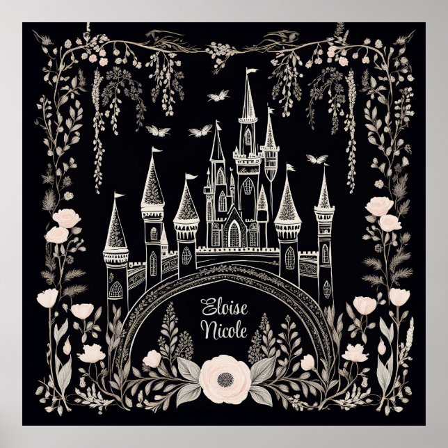 Black and White Fairytale Castle Illustration Poster (Front)