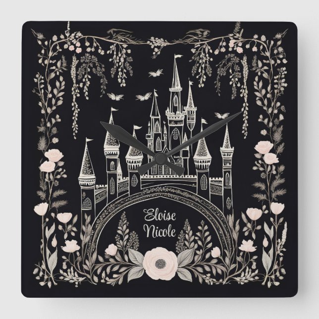 Black and White Fairytale Castle Illustration Square Wall Clock (Front)