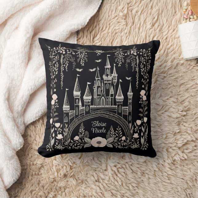 Black and White Fairytale Castle Illustration Throw Pillow (Blanket)