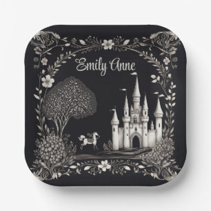 Black and White Fairytale Castle with Horse Paper Plates