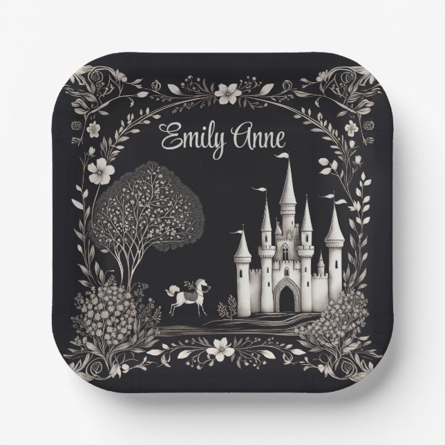 Black and White Fairytale Castle with Horse Paper Plates (Front)
