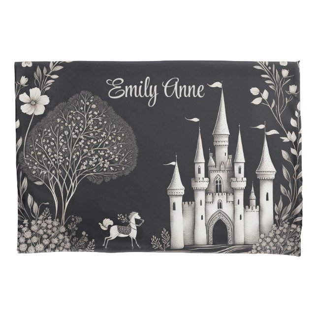 Black and White Fairytale Castle with Horse Pillow Case (Front)