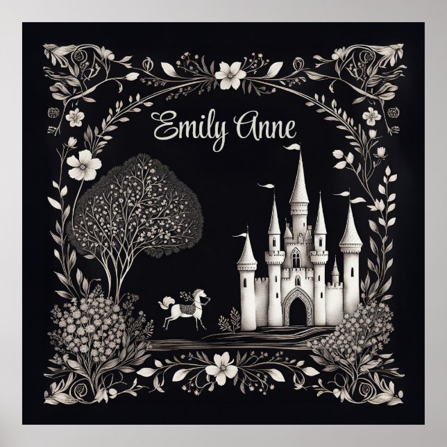 Black and White Fairytale Castle with Horse Poster (Front)